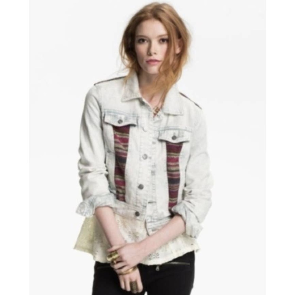 Free People Baja Jacket Distressed Cropped Size 12 Trucker Jacket Southwestern - Picture 15 of 16
